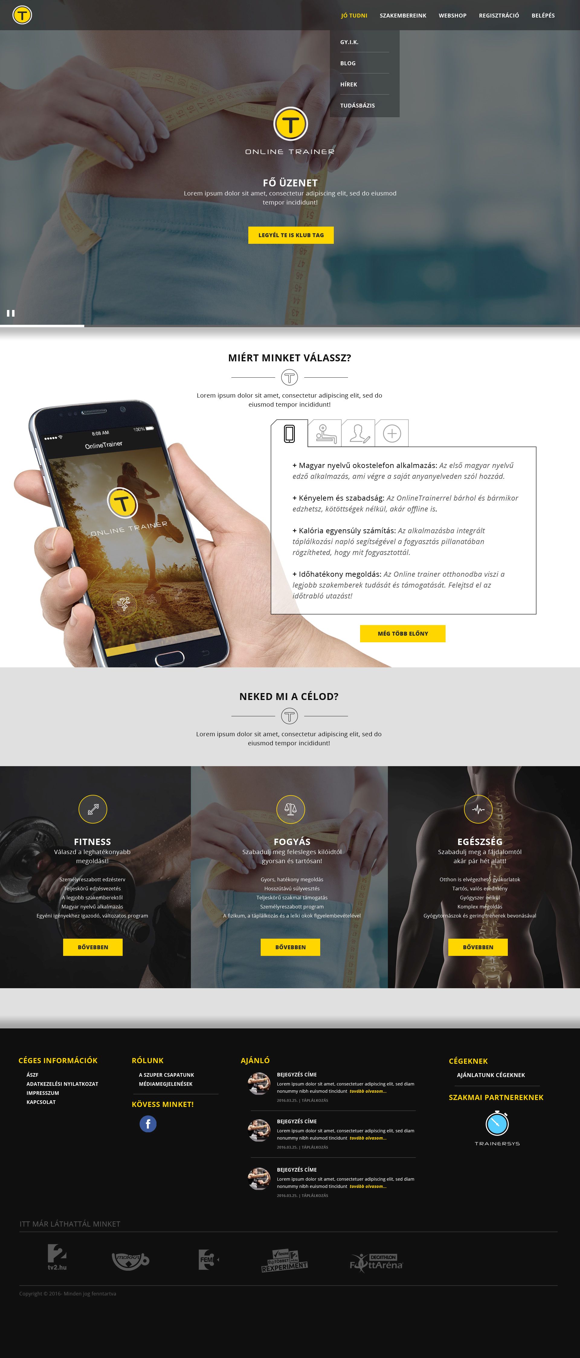 Online Trainer webdesign főoldal