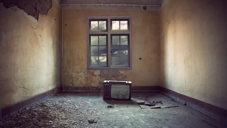 A television in an empty, dilapidated room. On the screen you can see two rams built from polygons.